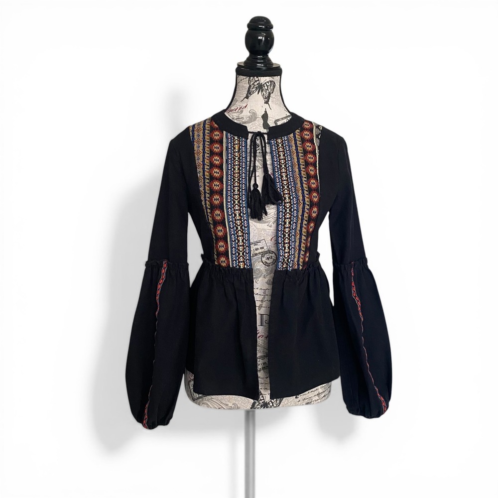 Catch‎ Stitch Jacket Womens Medium Black Embroidered Lantern Sleeve Boho